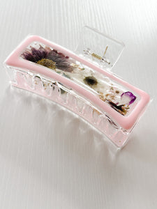 Jelly Pink Clear XL Claw Clip Infused with Real Pressed Flowers Cast in Resin. MADE TO ORDER.