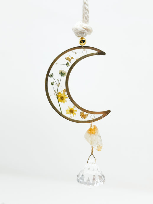 Rearview citrine stone and pressed flower-Moon Sun Catcher Accessory