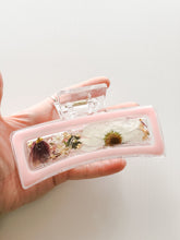 Load image into Gallery viewer, Jelly Pink Clear XL Claw Clip Infused with Real Pressed Flowers Cast in Resin. MADE TO ORDER.