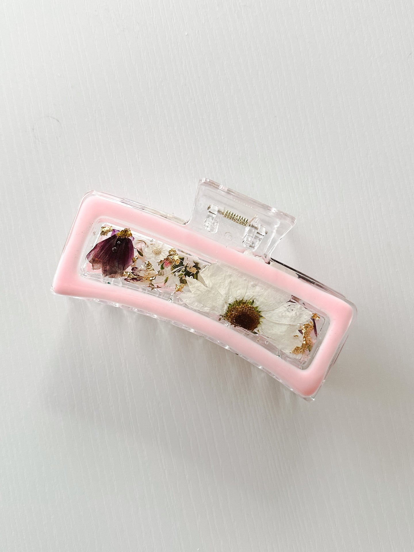 Jelly Pink Clear XL Claw Clip Infused with Real Pressed Flowers Cast in Resin. MADE TO ORDER.