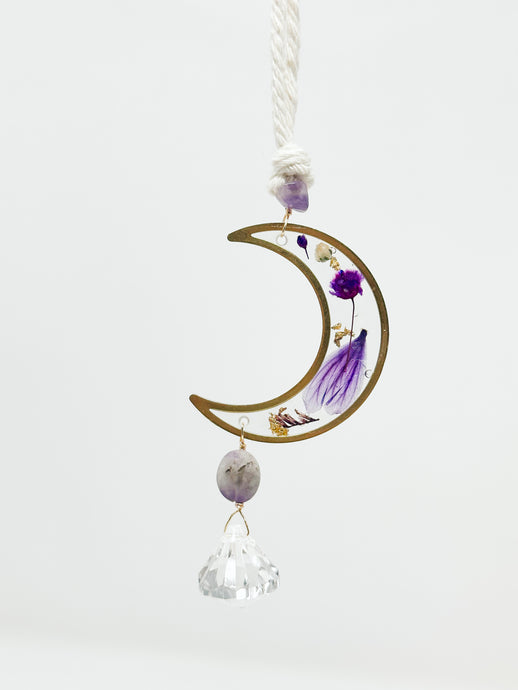 Rearview amethyst stone  pressed flower-Moon Sun Catcher Accessory