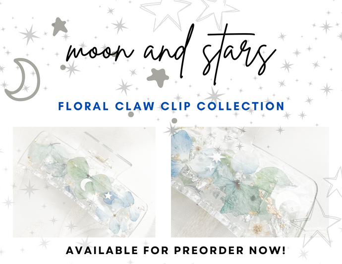 Moon and Stars collection -Crystal Clear Claw Clips Infused with Real Pressed Flowers Cast in Resin.