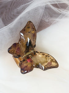 Crystal Brown Butterfly Clip Infused with Real Flowers in Resin.