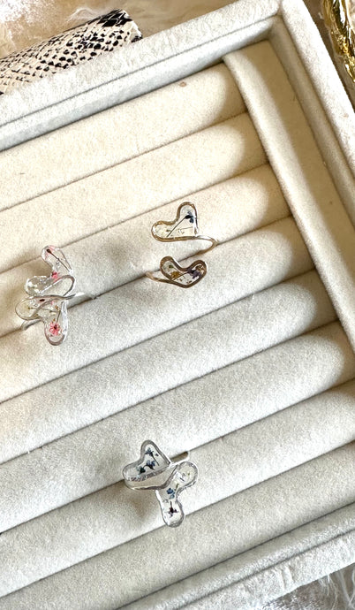 Double Heart Pressed Flower Rings Available in Sterling Silver and Gold Filled.