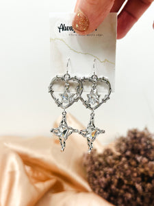 Stars and Wire Heart Earring Dangles-Silver, Sterling Silver Hooks.