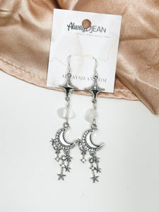 Moons and Star Quartz Crystal Earring Dangles-Silver, Sterling Silver Hooks.
