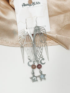 Butterfly Wing- Moon and Stars Earring Dangles-Silver, Sterling Silver Hooks.