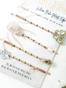 Rose Quartz and Butterfly Pin Set- Celestial, gemstone hair accessories- fun wedding hair accessories