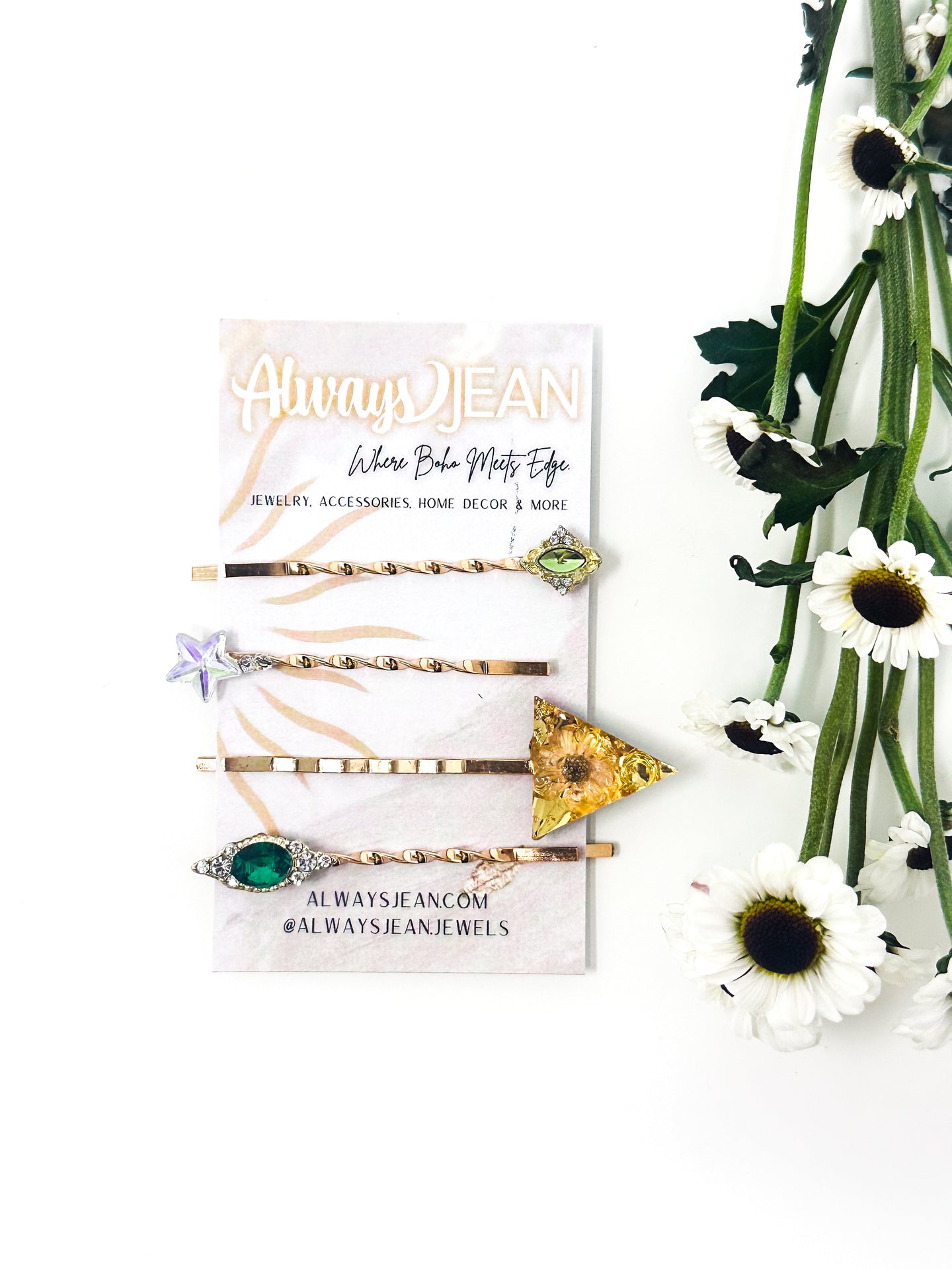 Emerald Green Faux Diamond and Real Flower Pin Set- Celestial, gemstone hair accessories- fun wedding hair accessories