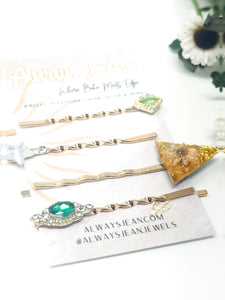 Emerald Green Faux Diamond and Real Flower Pin Set- Celestial, gemstone hair accessories- fun wedding hair accessories