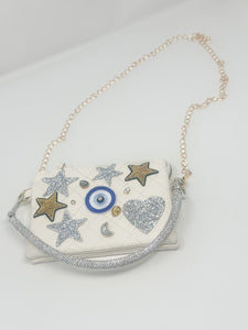 White Evil eye and Starz-  Hand Sewn and Embellished - Evil Eye, stars and heart chain crossbody bag