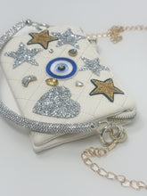 Load image into Gallery viewer, White Evil eye and Starz-  Hand Sewn and Embellished - Evil Eye, stars and heart chain crossbody bag
