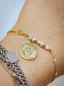 Dainty heart gold filled chain bracelet with pearls and sun charm