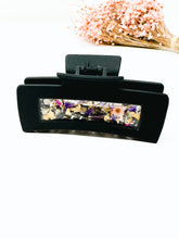 Load image into Gallery viewer, Tuxedo Black Claw Clip with purple toned Flowers