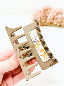 Tan Claw Clip with Multicolored Flowers